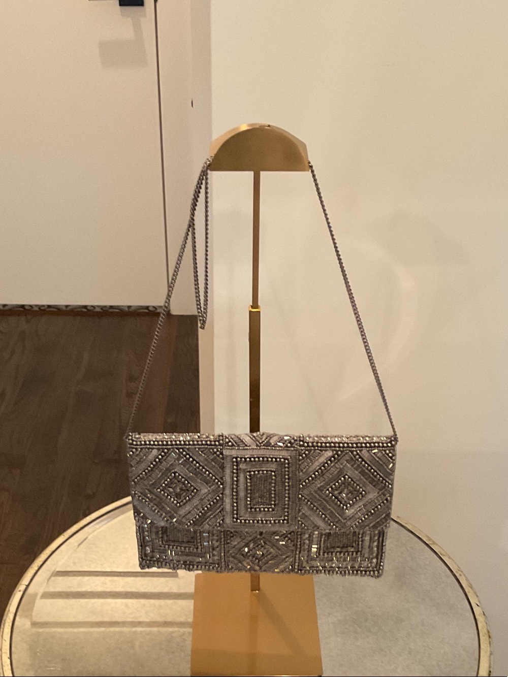 Beaded Silver Geometric Evening Clutch with Chain Strap